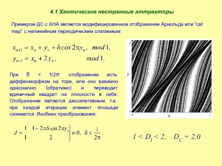 4.1 Хаотические нестранные аттракторы Примером ДС с ХНА является модифицированное отображение Арнольда или