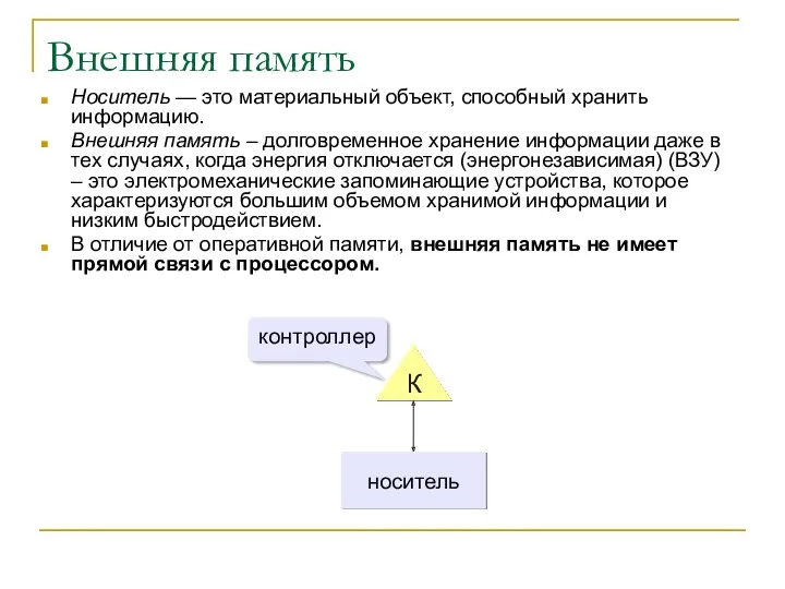 Внешняя память Носитель — это материальный объект, способный хранить информацию.