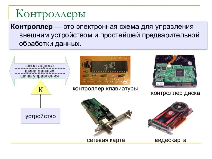 Контроллеры Контроллер — это электронная схема для управления внешним устройством и простейшей предварительной обработки данных.