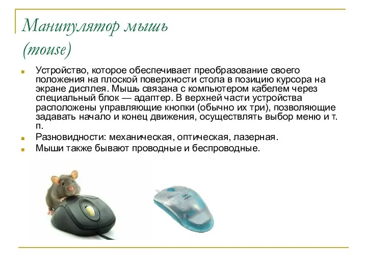 Манипулятор мышь (mouse) Устройство, которое обеспечивает преобразование своего положения на