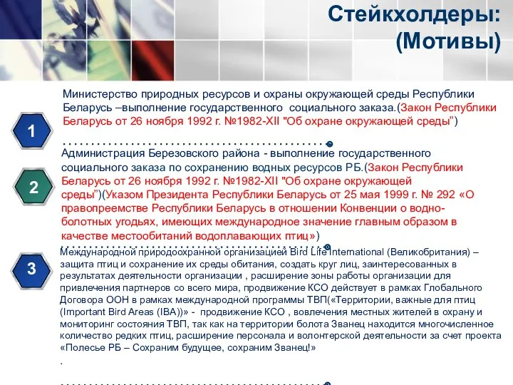 Стейкхолдеры: (Мотивы) 1 2 Администрация Березовского района - выполнение государственного