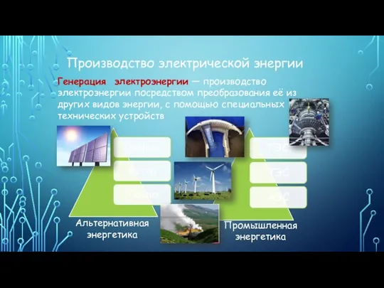 Производство электрической энергии Генерация электроэнергии — производство электроэнергии посредством преобразования