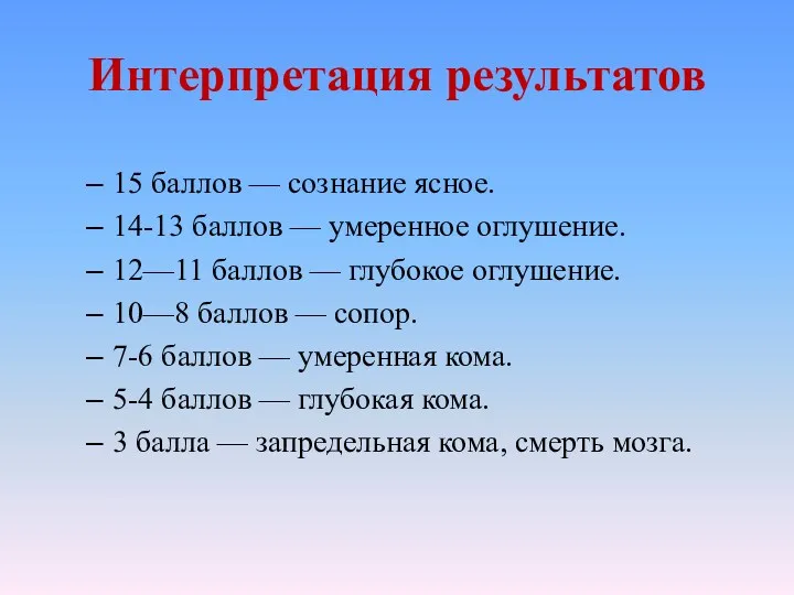 Интерпретация результатов 15 баллов — сознание ясное. 14-13 баллов —