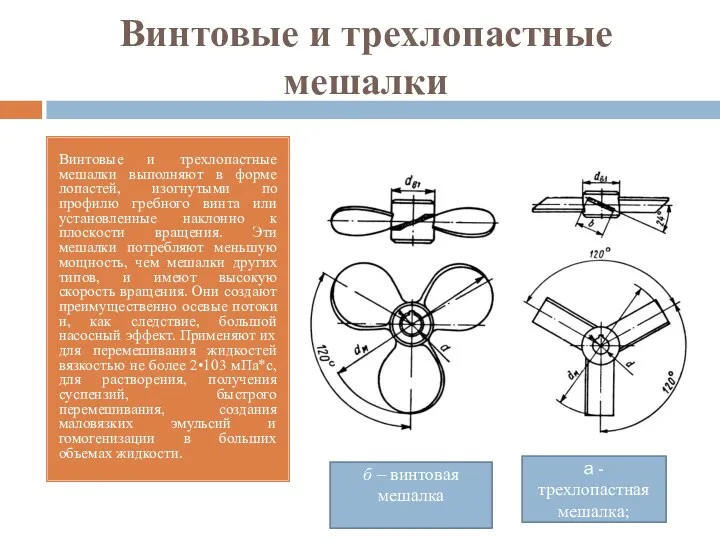 Винтовые и трехлопастные мешалки Винтовые и трехлопастные мешалки выполняют в