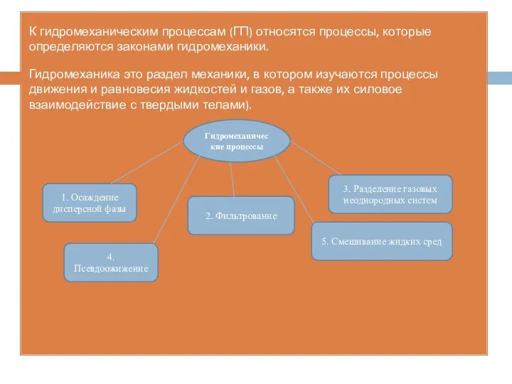 К гидромеханическим процессам (ГП) относятся процессы, которые определяются законами гидромеханики.