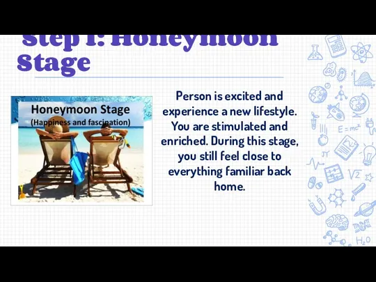 Step 1: Honeymoon Stage Person is excited and experience a