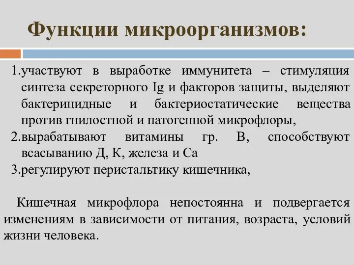 Функции микроорганизмов: участвуют в выработке иммунитета – стимуляция синтеза секреторного