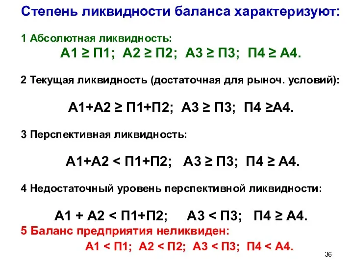 Степень ликвидности баланса характеризуют: 1 Абсолютная ликвидность: А1 ≥ П1;