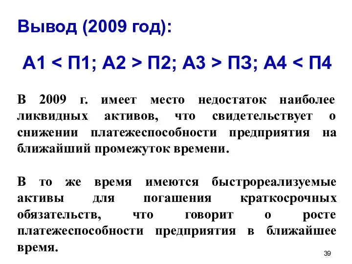 Вывод (2009 год): В 2009 г. имеет место недостаток наиболее