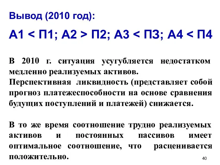 Вывод (2010 год): В 2010 г. ситуация усугубляется недостатком медленно