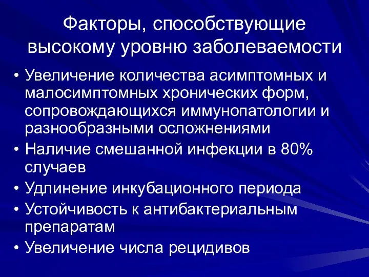 Факторы, способствующие высокому уровню заболеваемости Увеличение количества асимптомных и малосимптомных