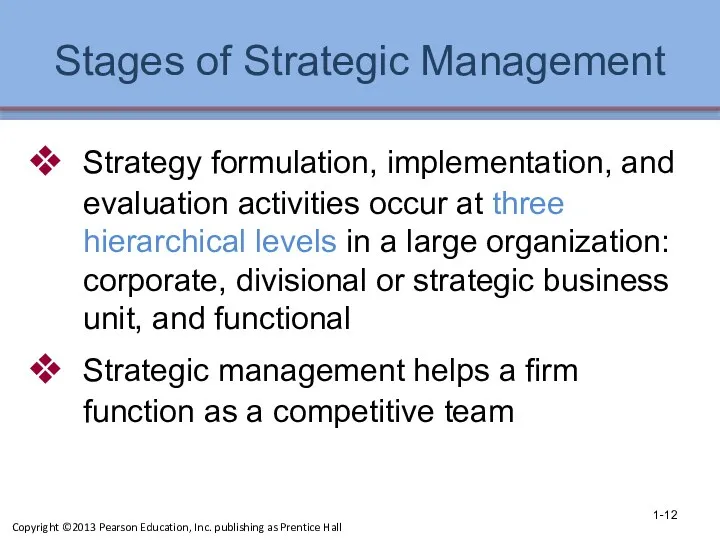 Stages of Strategic Management Strategy formulation, implementation, and evaluation activities occur at three