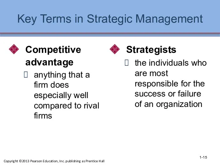 Key Terms in Strategic Management Competitive advantage anything that a firm does especially