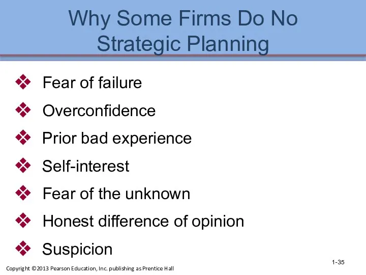 Why Some Firms Do No Strategic Planning Fear of failure Overconfidence Prior bad