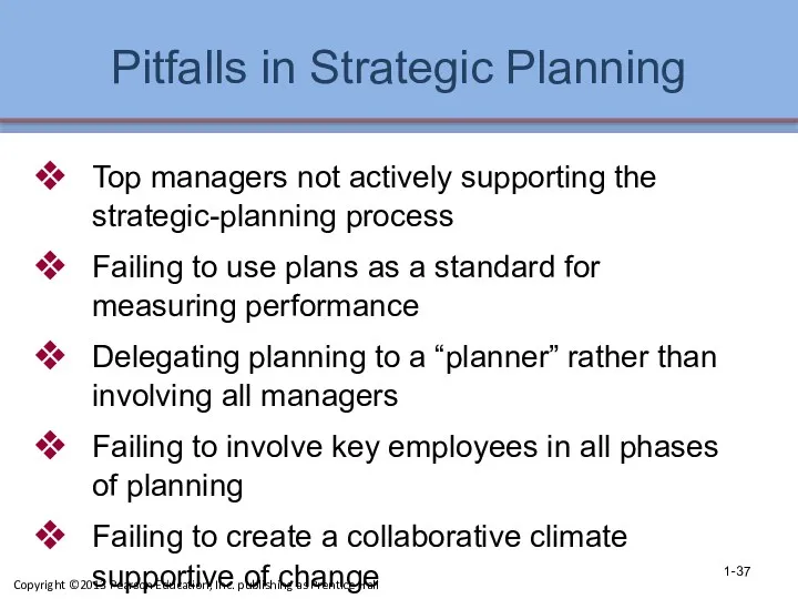 Pitfalls in Strategic Planning Top managers not actively supporting the strategic-planning process Failing