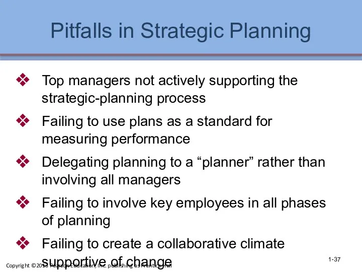 Pitfalls in Strategic Planning Top managers not actively supporting the