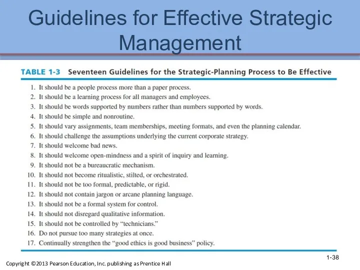 Guidelines for Effective Strategic Management 1- Copyright ©2013 Pearson Education, Inc. publishing as Prentice Hall