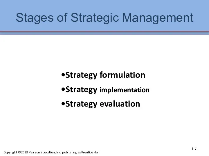 Stages of Strategic Management Strategy formulation Strategy implementation Strategy evaluation 1- Copyright ©2013