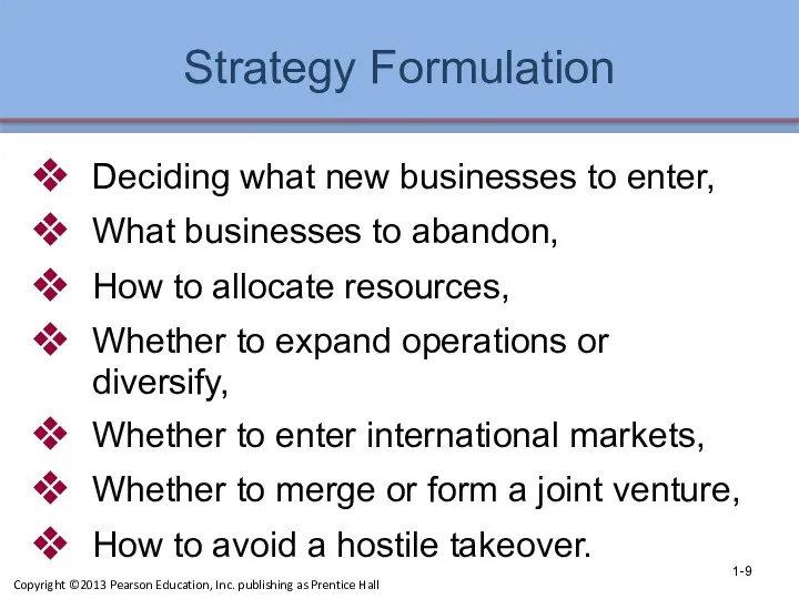 Strategy Formulation Deciding what new businesses to enter, What businesses to abandon, How