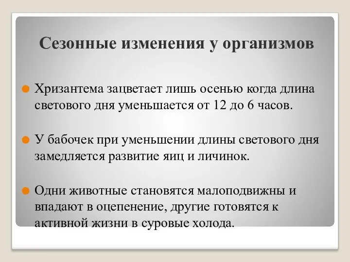 Сезонные изменения у организмов Хризантема зацветает лишь осенью когда длина