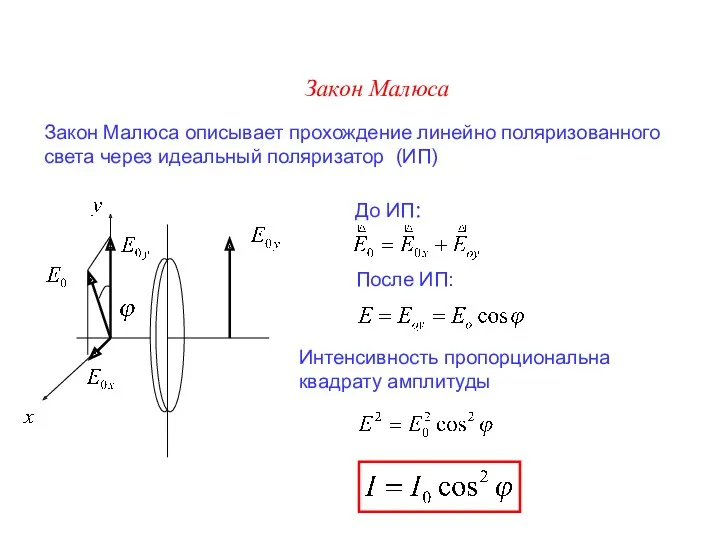 Закон Малюса Закон Малюса описывает прохождение линейно поляризованного света через идеальный поляризатор (ИП)