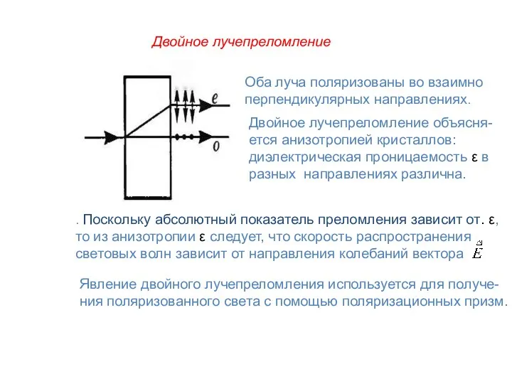 Двойное лучепреломление Оба луча поляризованы во взаимно перпендикулярных направлениях. Двойное лучепреломление объясня-ется анизотропией