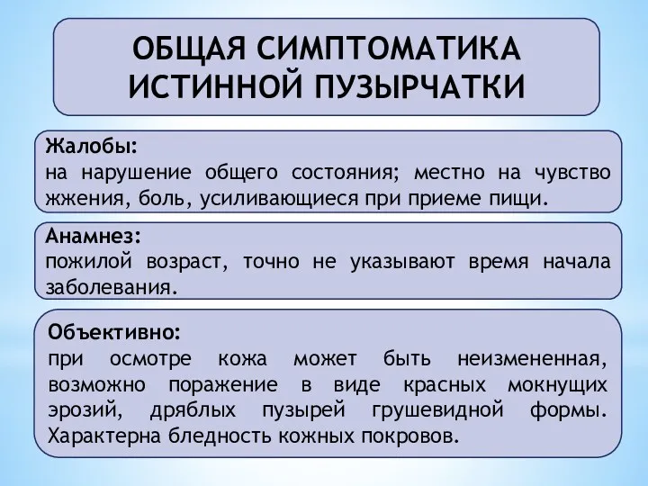 ОБЩАЯ СИМПТОМАТИКА ИСТИННОЙ ПУЗЫРЧАТКИ Жалобы: на нарушение общего состояния; местно