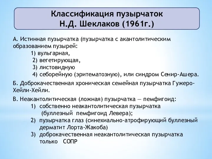 Классификация пузырчаток Н.Д. Шеклаков (1961г.) A. Истинная пузырчатка (пузырчатка с