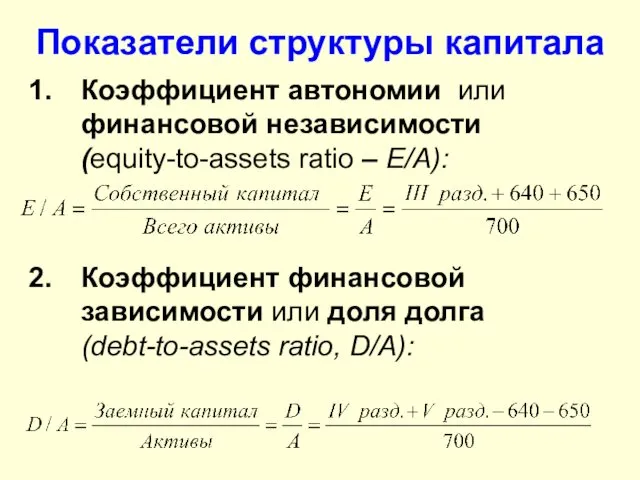 Показатели структуры капитала Коэффициент автономии или финансовой независимости (equity-to-assets ratio