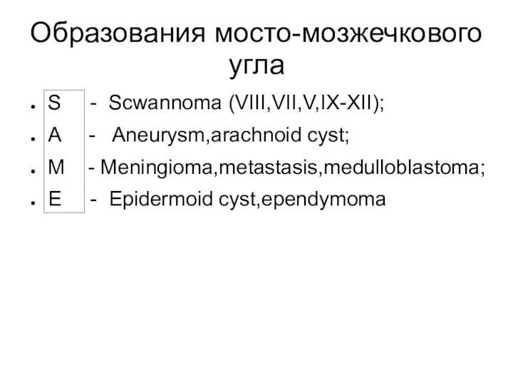 Образования мосто-мозжечкового угла S - Scwannoma (VIII,VII,V,IX-XII); A - Aneurysm,arachnoid