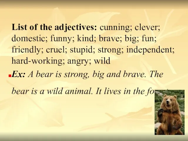 List of the adjectives: cunning; clever; domestic; funny; kind; brave; big; fun; friendly;