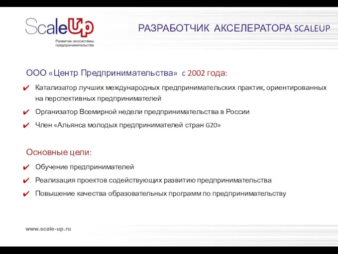 РАЗРАБОТЧИК АКСЕЛЕРАТОРА SCALEUP ООО «Центр Предпринимательства» c 2002 года: Катализатор