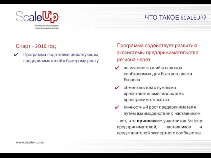 ЧТО ТАКОЕ SCALEUP? Старт - 2016 год Программа подготовки действующих