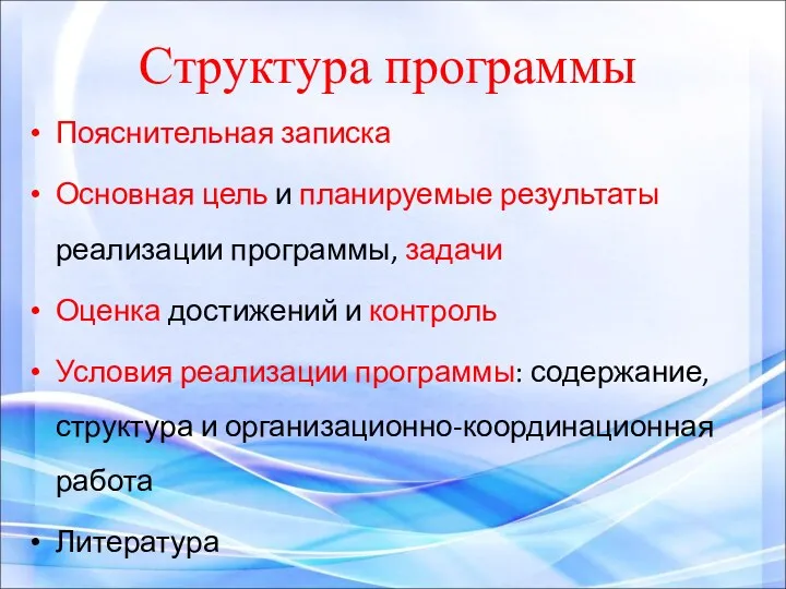 Структура программы Пояснительная записка Основная цель и планируемые результаты реализации