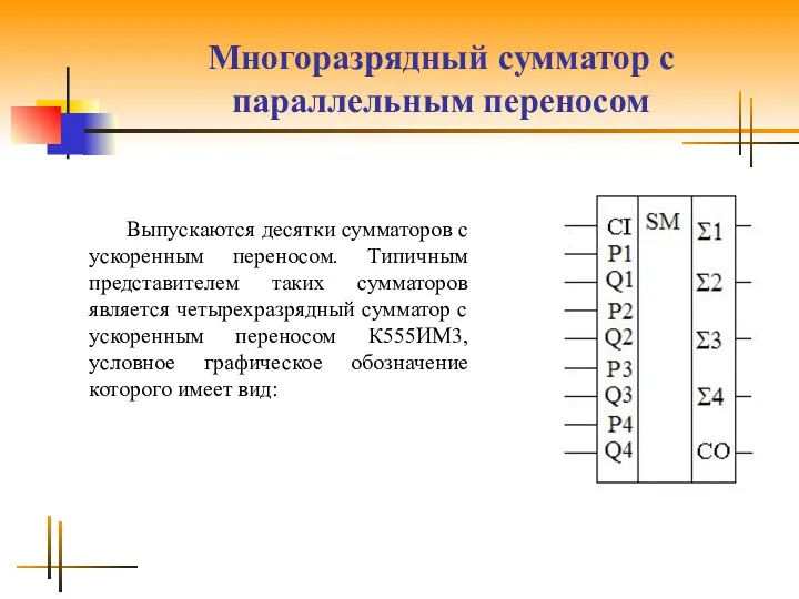 Многоразрядный сумматор с параллельным переносом Выпускаются десятки сумматоров с ускоренным