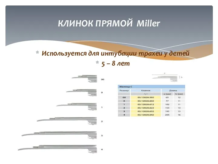 Используется для интубации трахеи у детей 5 – 8 лет КЛИНОК ПРЯМОЙ Miller