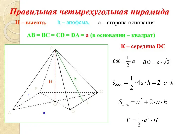 Правильная четырехугольная пирамида h – апофема, H – высота, AB = BC =