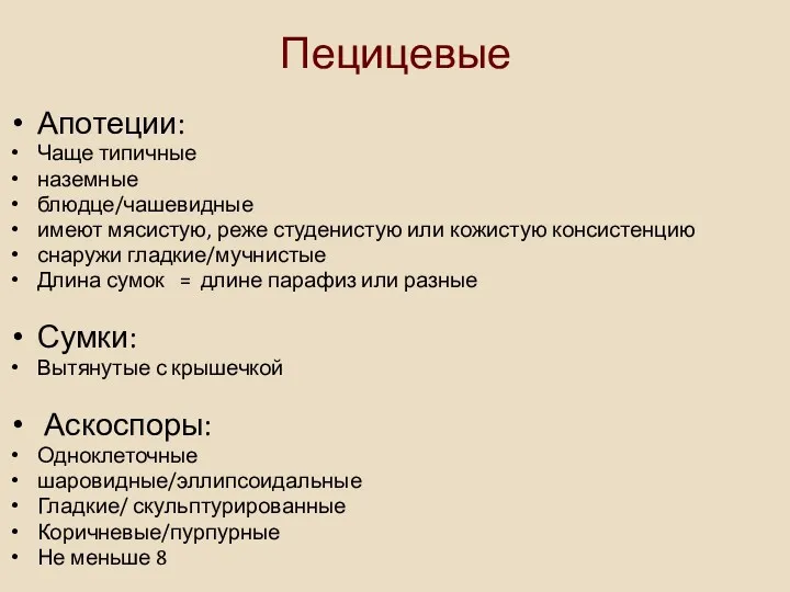 Пецицевые Апотеции: Чаще типичные наземные блюдце/чашевидные имеют мясистую, реже студенистую