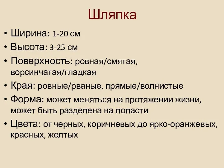 Шляпка Ширина: 1-20 см Высота: 3-25 см Поверхность: ровная/смятая, ворсинчатая/гладкая