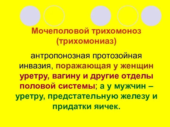 Мочеполовой трихомоноз (трихомониаз) антропонозная протозойная инвазия, поражающая у женщин уретру, вагину и другие