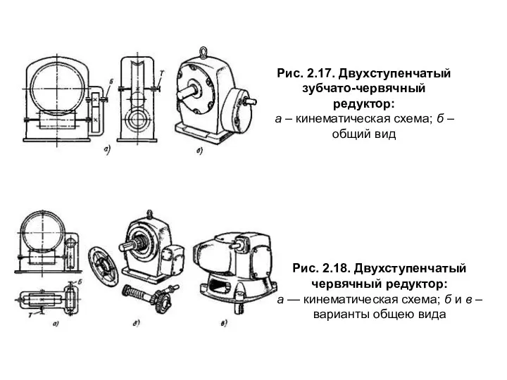 Рис. 2.17. Двухступенчатый зубчато-червячный редуктор: а – кинематическая схема; б