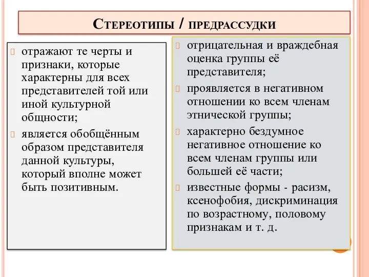 Стереотипы / предрассудки отражают те черты и признаки, которые характерны