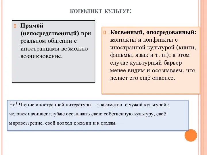 конфликт культур: Прямой (непосредственный) при реальном общении с иностранцами возможно