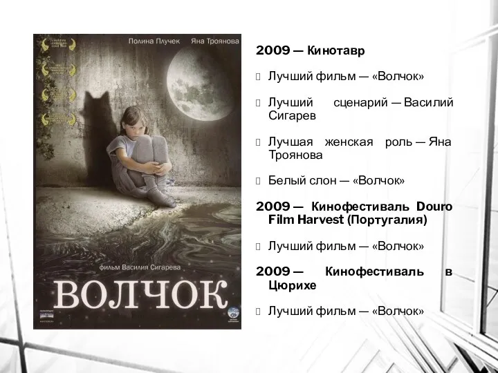 2009 — Кинотавр Лучший фильм — «Волчок» Лучший сценарий — Василий Сигарев Лучшая