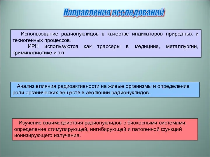 Направления исследований Использование радионуклидов в качестве индикаторов природных и техногенных