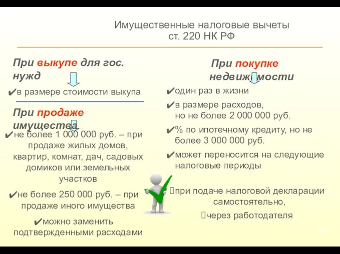 Имущественные налоговые вычеты ст. 220 НК РФ в размере стоимости