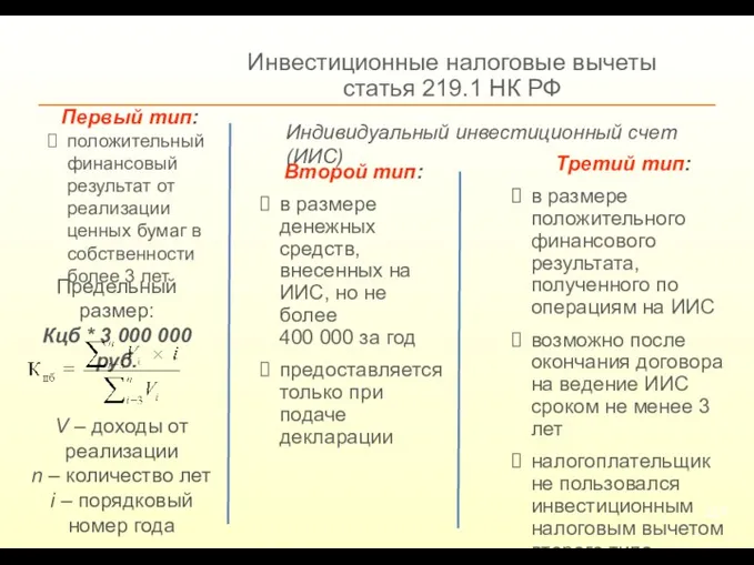 Инвестиционные налоговые вычеты статья 219.1 НК РФ Второй тип: в