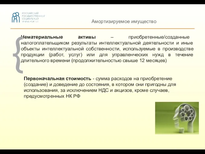 Амортизируемое имущество Нематериальные активы – приобретенные/созданные налогоплательщиком результаты интеллектуальной деятельности