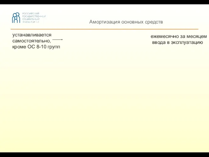 Амортизация основных средств устанавливается самостоятельно, кроме ОС 8-10 групп ежемесячно за месяцем ввода в эксплуатацию