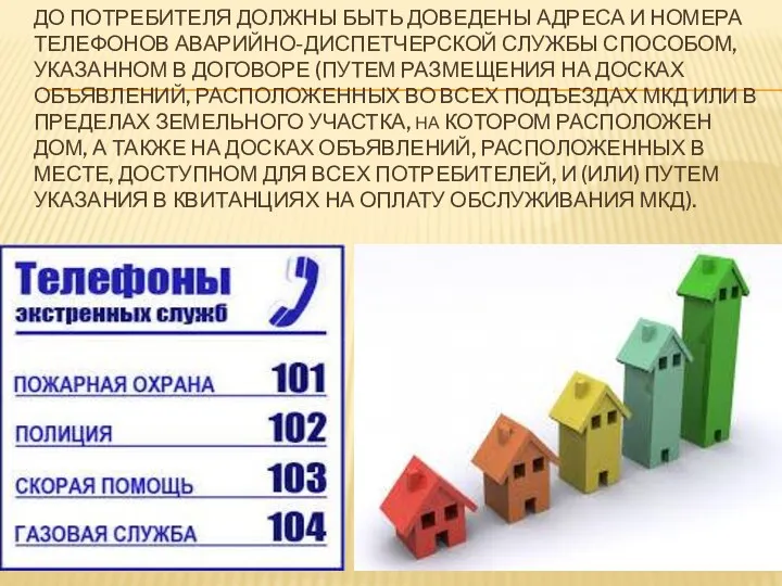 ДО ПОТРЕБИТЕЛЯ ДОЛЖНЫ БЫТЬ ДОВЕДЕНЫ АДРЕСА И НОМЕРА ТЕЛЕФОНОВ АВАРИЙНО-ДИСПЕТЧЕРСКОЙ